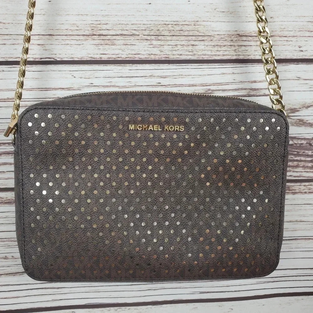 Michael Kors Jet Set East West Signature Brown/Red/Gold Perforated Crossbody Bag